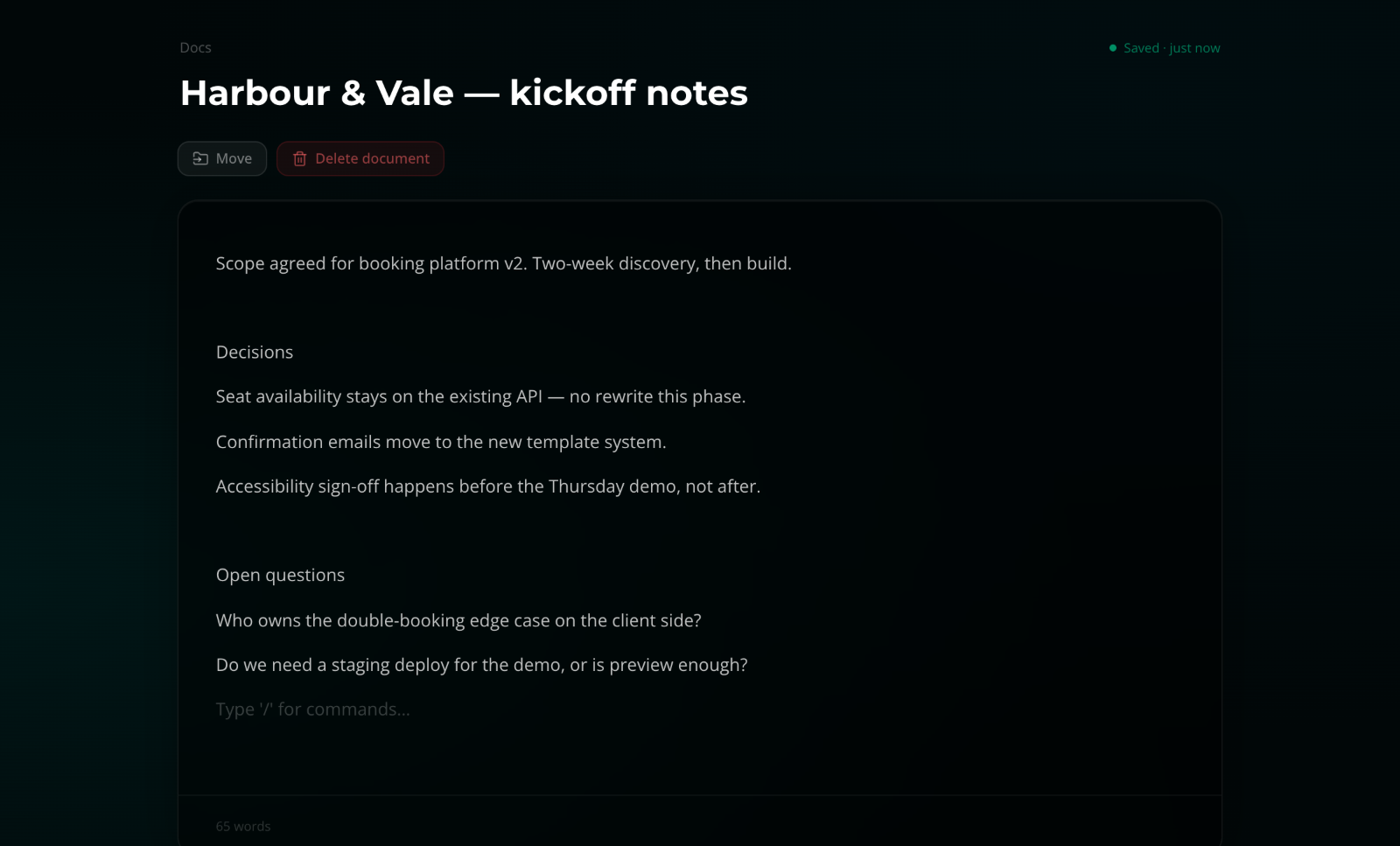The nflo document editor showing a client kickoff note in a distraction-free markdown editor with a saved indicator and word count