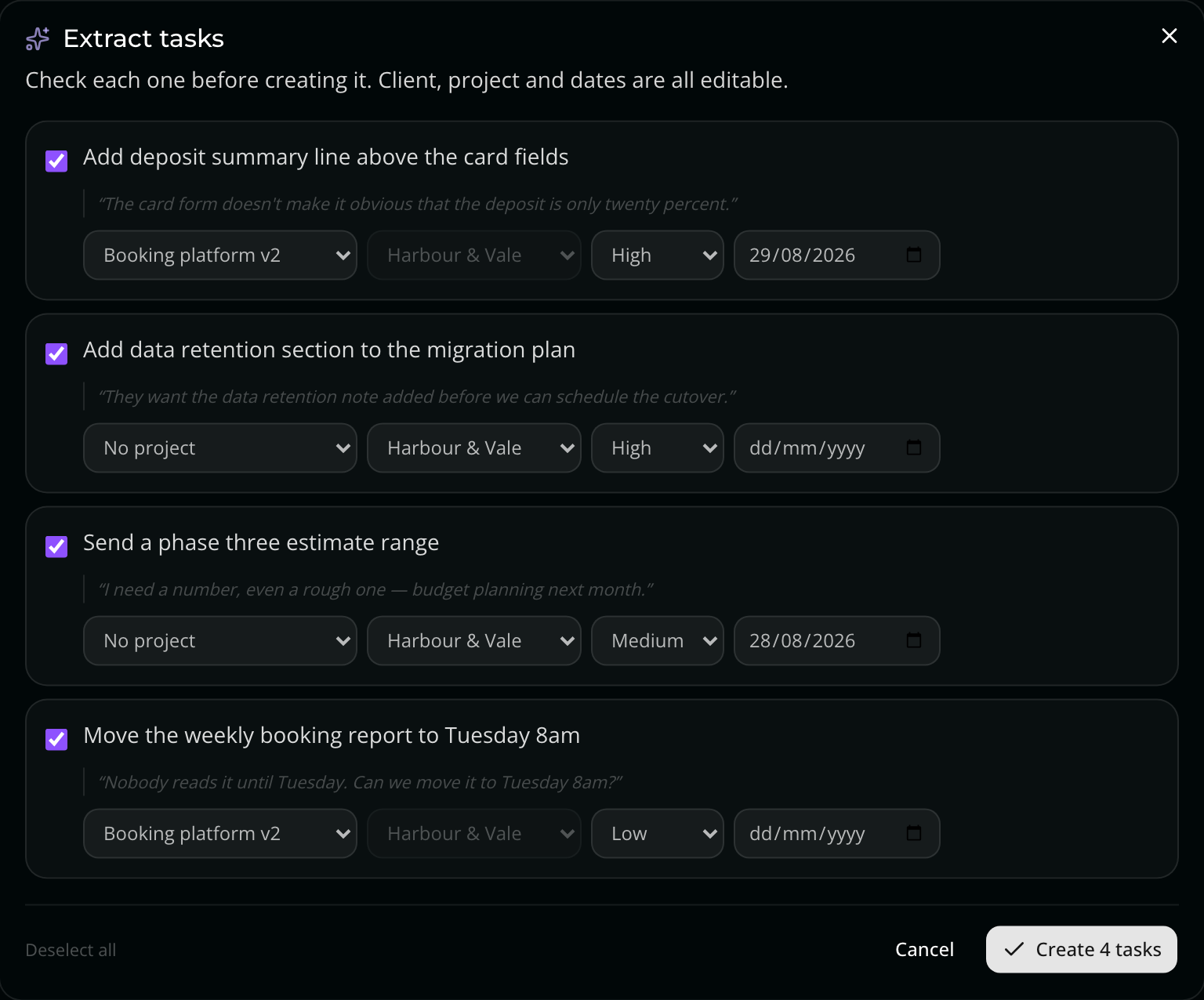 The nflo extract tasks panel: a meeting transcript turned into a checklist of proposed tasks, each with the quoted line it came from and editable project, client, priority and due date