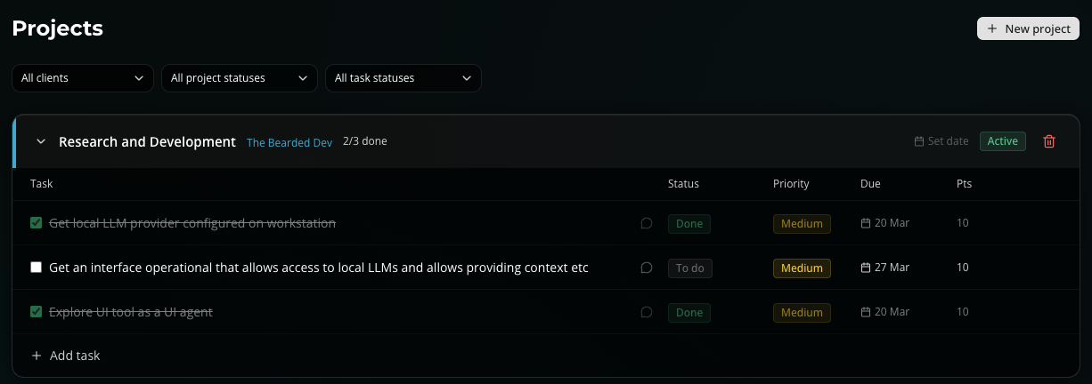 nflo projects view — tasks organised by project with status, priority, and due date