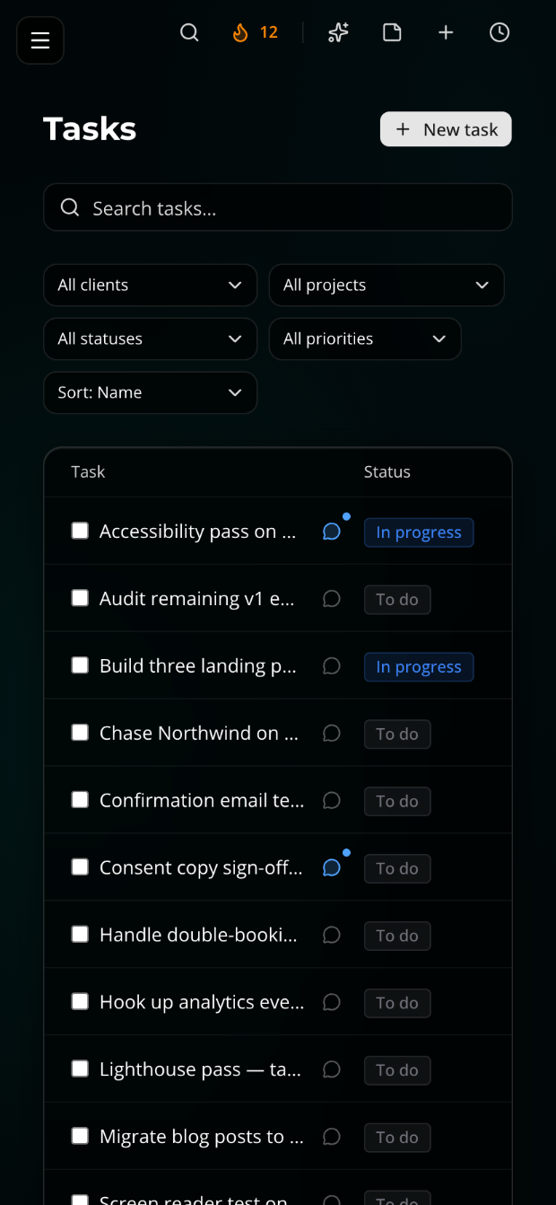 nflo running on a phone, showing the task list with client and status labels